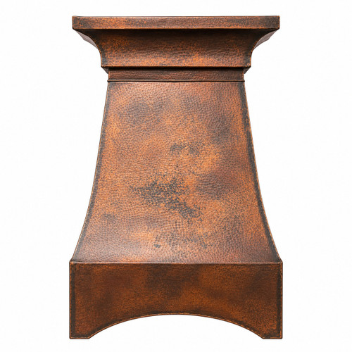 Hammered copper range hood with flared crown and curved apron, front view