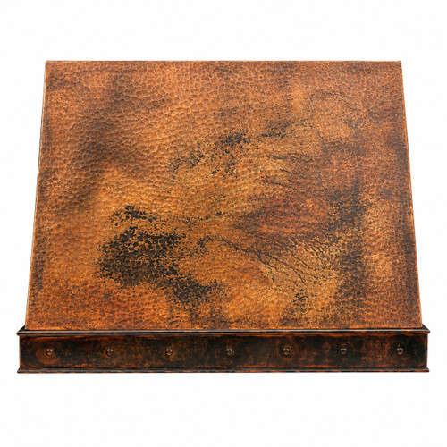 Sloped under-cabinet copper range hood with riveted band front view with naturally fired rustic copper finish on white background
