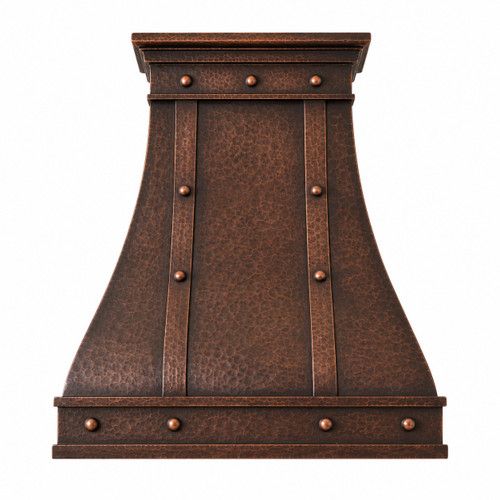 Front view coffee finish copper range hood with vertical straps, dome rivets, and hammered bell silhouette