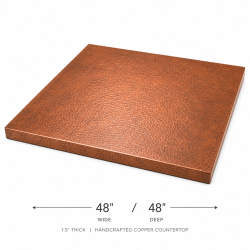 Square handcrafted copper kitchen countertop without backsplash in angled hammered finish view
