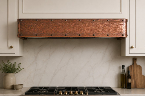 Hammered copper under-cabinet box hood with riveted top and bottom bands