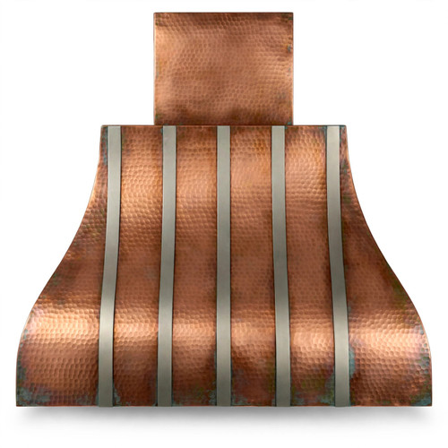 Front view of copper bell range hood with polished zinc straps and rectangular chimney on white