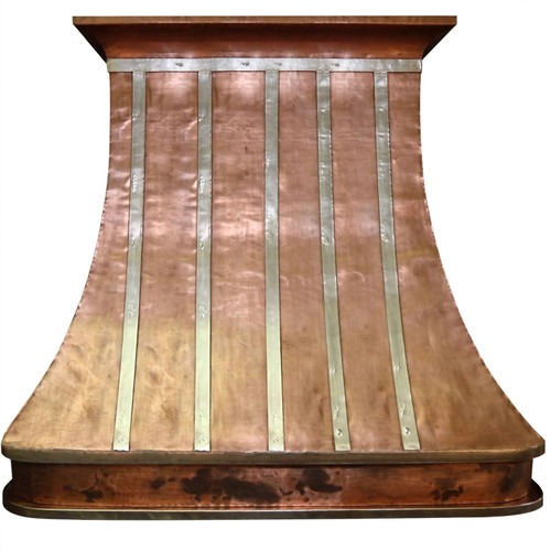 Front view of polished copper range hood with vertical zinc straps, small crown molding and rounded copper apron