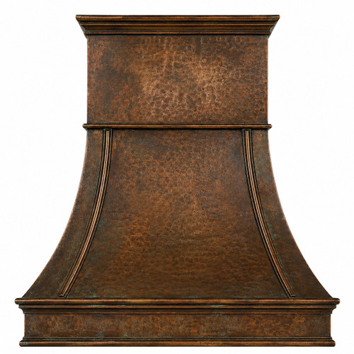 Front view of hammered copper range hood with broad bell flare, curved vertical ribs and layered crown molding
