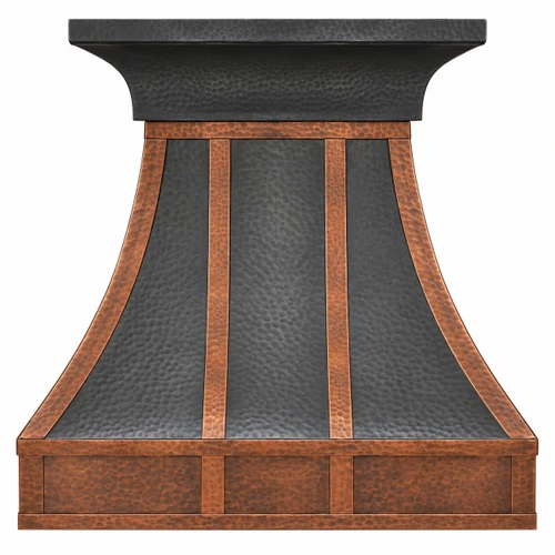 Zinc bell range hood with copper straps, curved corner bands and framed apron black finish