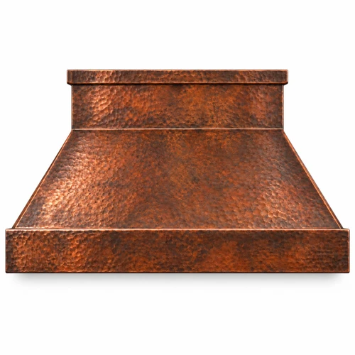 Front view of a hand-hammered copper range hood with a wide straight apron and rectangular box chimney