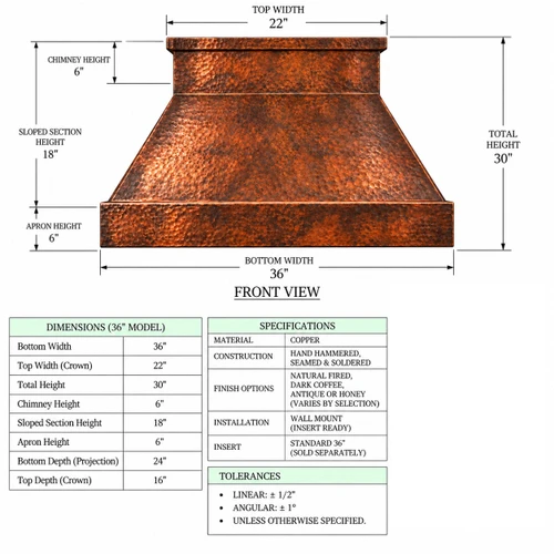 Technical drawing of a hand-hammered copper range hood showing its front view, dimensions, and proportions
