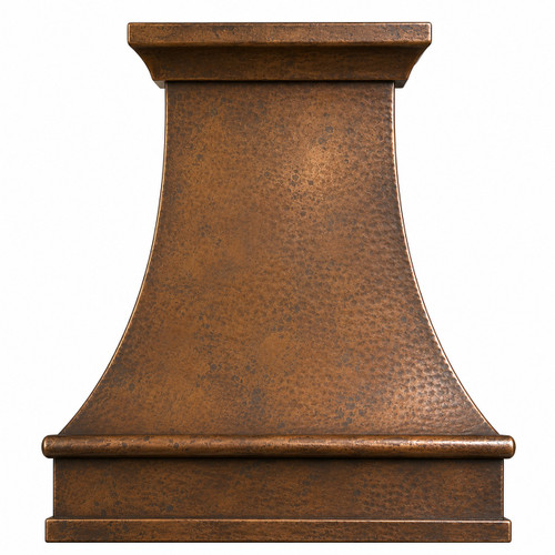 Front view of custom hammered copper range hood with sweeping bell shape, deep apron and architectural crown molding
