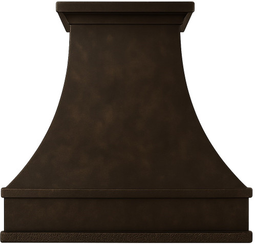Country style kitchen copper vent hood with dark patina front view, hammered copper canopy with deep rustic finish and classic tapered silhouette
