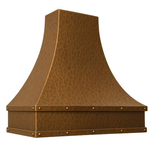 Hammered copper kitchen hood with French Provincial design angled view on white background