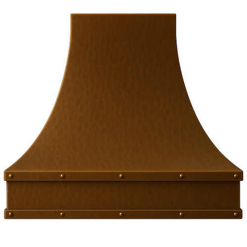 Hammered copper kitchen hood with French Provincial design front view on white background