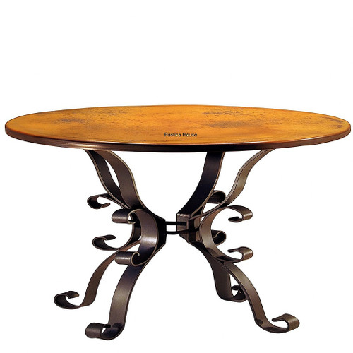 Round copper table with a scroll iron base