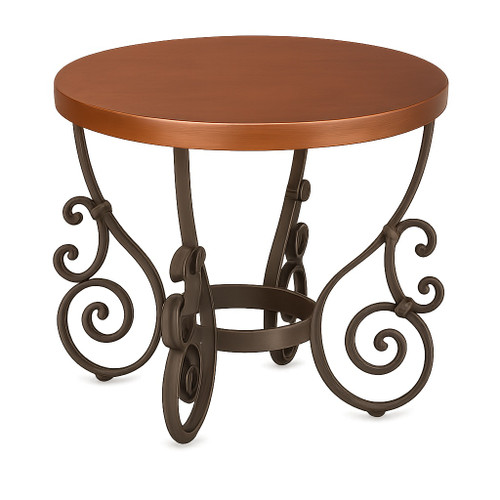 Round copper tabletop on wrought iron scroll base