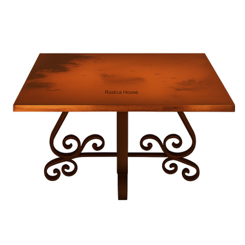 Square copper table with a colonial style forged iron base