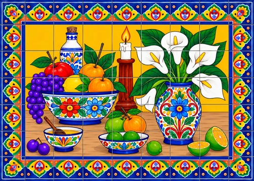 Talavera fruit and lily tile mural