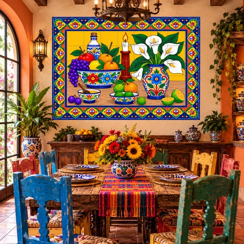 Talavera fruit and lily tile mural featured in a rustic dining room with colorful pottery