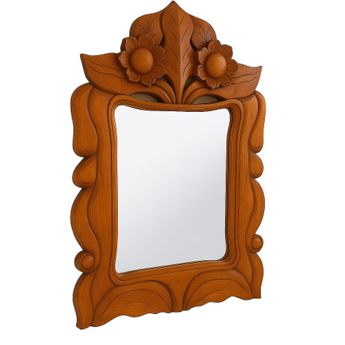 Hand-Carved Dark Wood Mirror with Floral Frame