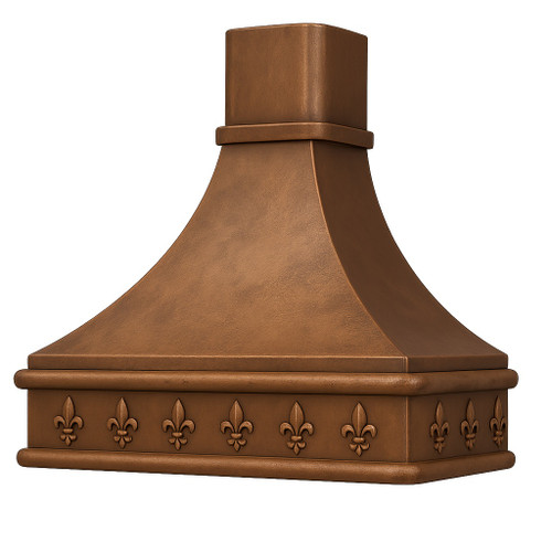 French hammered copper kitchen hood angle view with fleur-de-lis apron, rounded trim, and curved bell canopy on white background