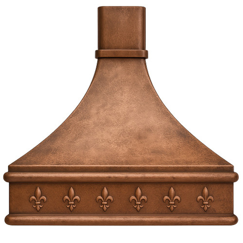French hammered copper kitchen hood front view with fleur-de-lis apron, rounded trim, and sculpted bell canopy on white background