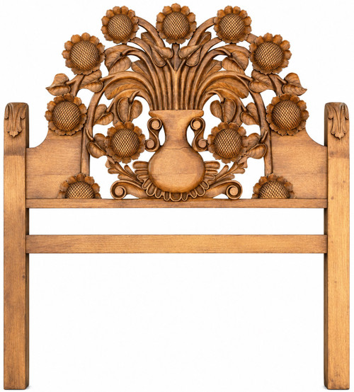 Mexican wooden headboard with hand carved floral vase design