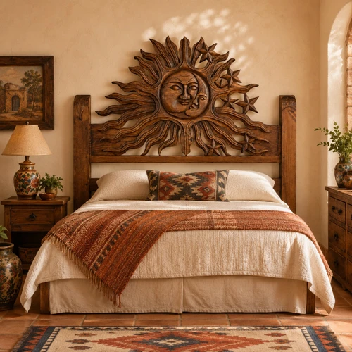 Mexican wooden headboard with hand carved sun and moon design in a rustic hacienda room
