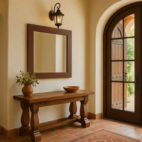 Hammered copper rectangular mirror mounted in a bright hacienda-style entry with arched doorway

