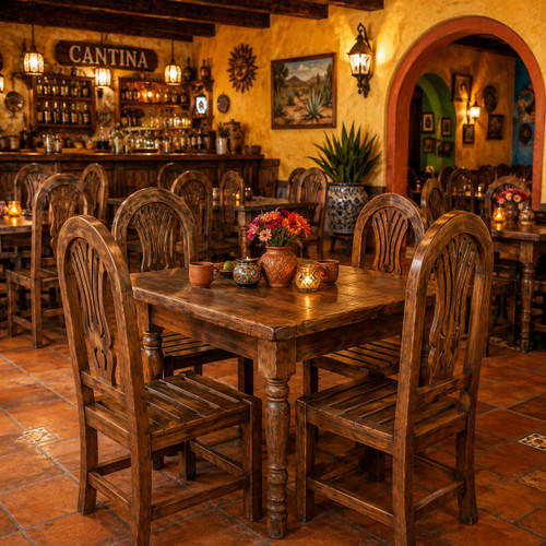Rustic Mexican wooden chair with arched back and slatted seat inside a Mexican cantina