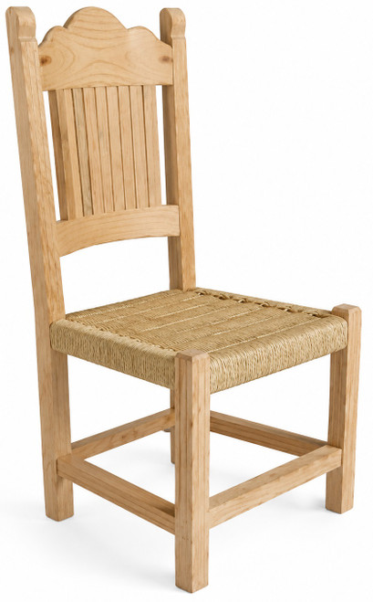 Rustic Mexican wooden chair with woven seat and scalloped back