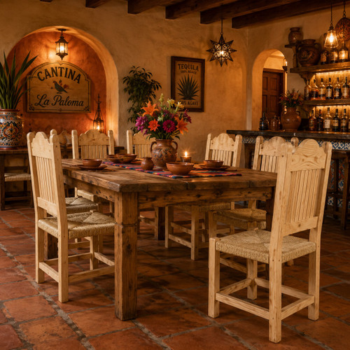 Rustic Mexican wooden chair with woven seat and scalloped back inside a Mexican cantina