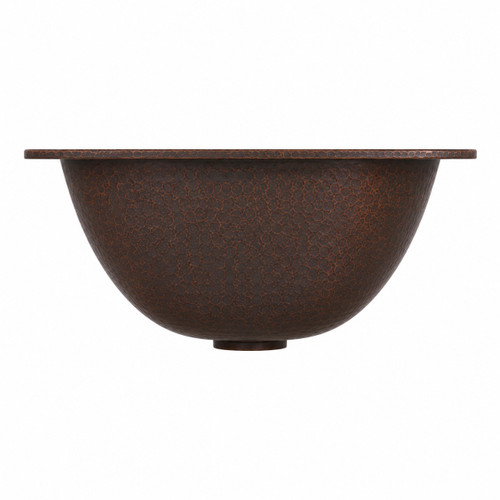 Handcrafted copper bar sink with U shaped hammered basin, view its side showing sink profile