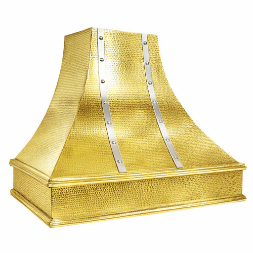 Mixed metal tin range hood with zinc straps showing front and the side