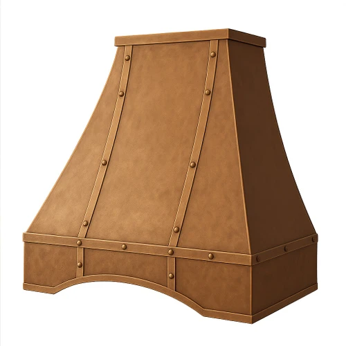 Pyramid copper range hood for gas stove angled view, flared canopy with smooth panels and centered chimney above cooktop