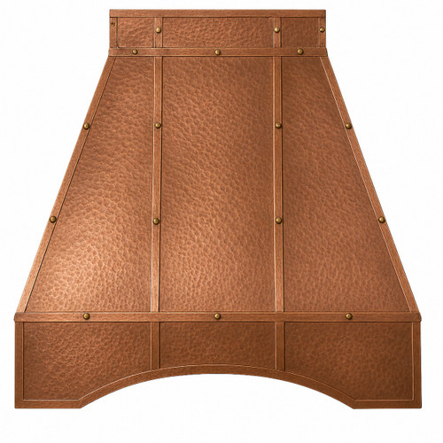 Paneled tapered copper hood with vertical riveted straps, framed crown, and shallow hearth-style apron