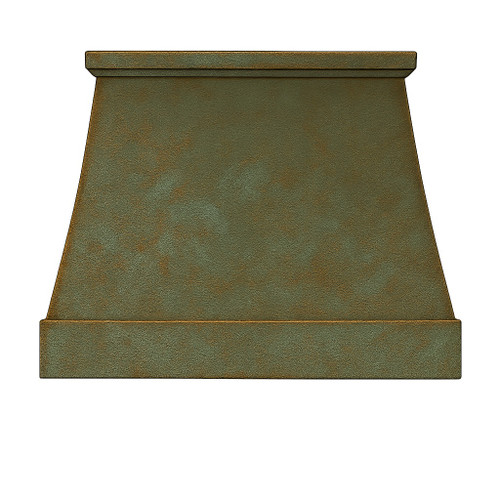 Colonial style copper range hood with rustic green finish front view on white background, hammered canopy with oxidized patina and classic architectural detailing