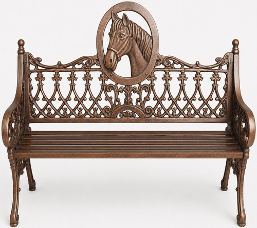 Horse medallion aluminum rustic garden bench with bronze finish