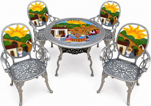 Mexican aluminum dining tables and chairs with colorful village artwork