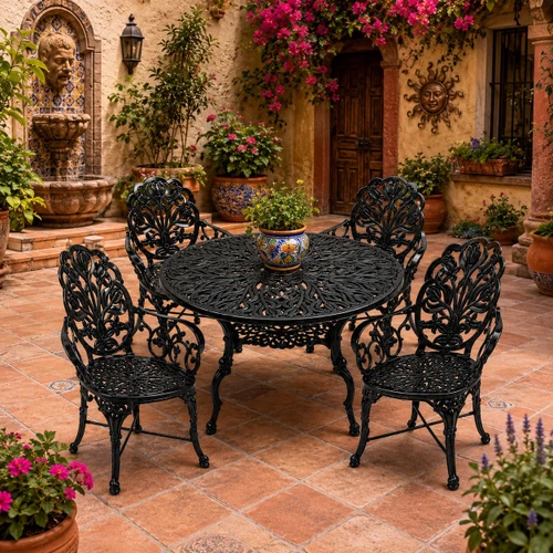 Black floral aluminum dining furniture sets with glossy garden design in Mexican courtyard