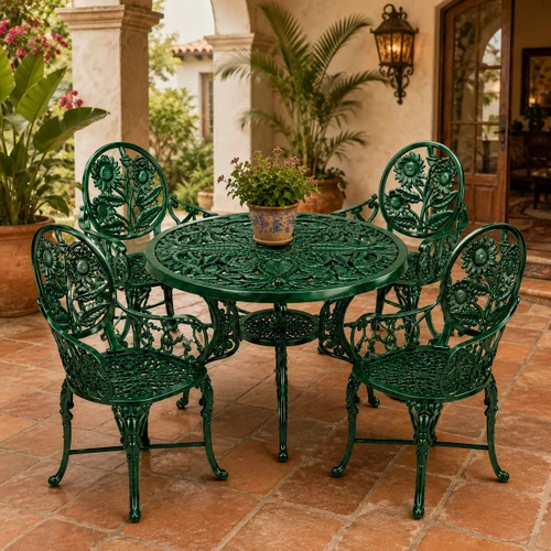 Bottle green floral aluminum dining furniture sets for garden patios on hacienda terrace