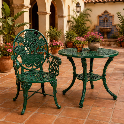 Bottle green sunflower aluminum garden chair with cart backrest in a hacienda courtyard