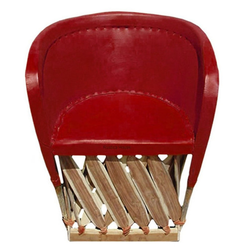 Traditional Mexican equipal armchair in cherry wood and pig skin in red terra cotta color