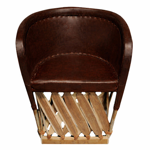 Traditional Mexican equipal armchair in cherry wood and pig skin in dark tobaco color