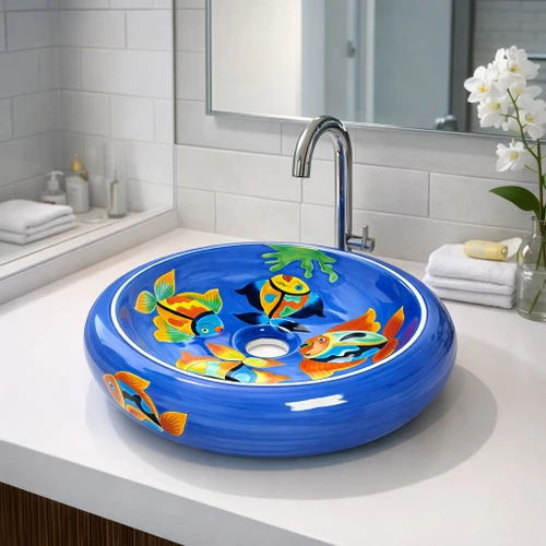 Talavera vessel Mexican bathroom sink colorful fish design in a modern bathroom with clean lines and soft lighting