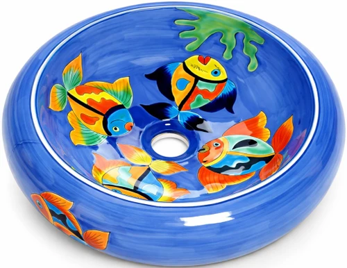 Talavera vessel Mexican bathroom sink colorful fish design