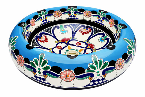 Turquoise floral talavera vessel Mexican bathroom sink design