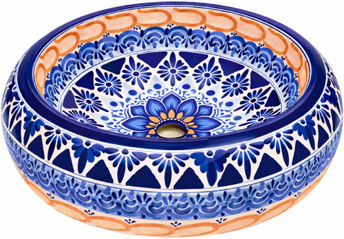 Talavera vessel Mexican bathroom sink blue floral design
