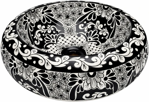Round talavera vessel Mexican bathroom sink black white