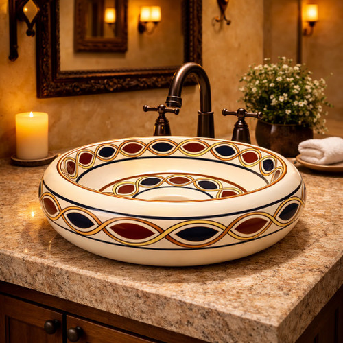 Talavera vessel bathroom sink cream loop design handmade in restaurant bathroom with warm lighting