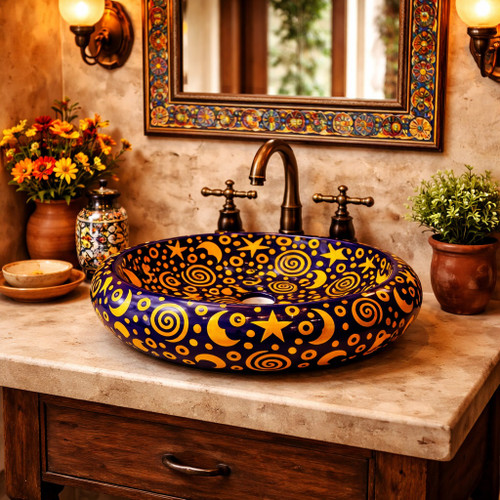 Talavera vessel bathroom sink celestial blue handmade design in hacienda bathroom with natural textures