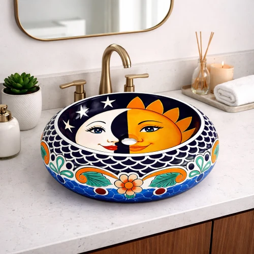 Talavera vessel Mexican bathroom sink sun moon design in a modern bathroom with minimal design and bright space