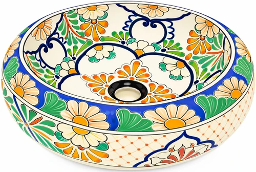 Round talavera vessel Mexican bathroom sink white floral